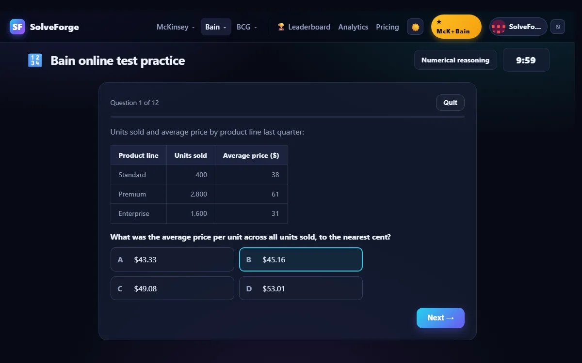 SolveForge Bain practice: a numerical reasoning question with business data and four answer options, one of them selected