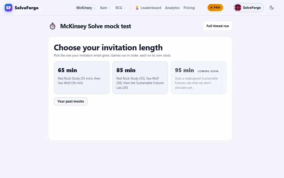 SolveForge McKinsey Solve mock test: the screen for choosing a 65, 85 or 95-minute invitation, with the games and minutes listed for each
