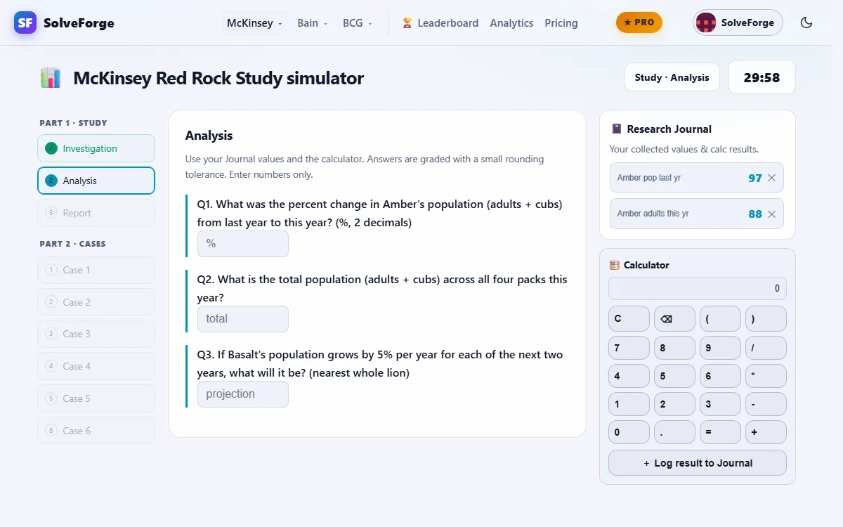 SolveForge Red Rock Study simulator in the Analysis phase: three numbered questions with answer boxes in the middle, and the Research Journal and calculator in the right-hand column