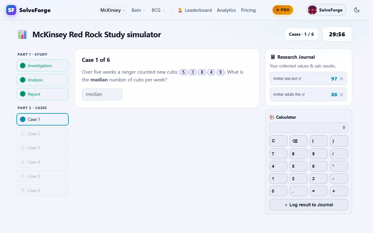 SolveForge Red Rock Study simulator on Case 1 of 6: a short question with five weekly values and an answer box, the phase list on the left showing the study phases locked