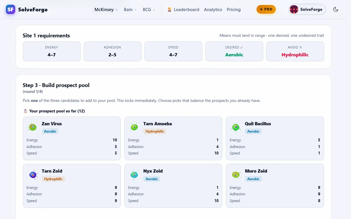 SolveForge Sea Wolf simulator, step 3: the prospect pool so far on top, and three candidate microbe cards below with Add this microbe buttons