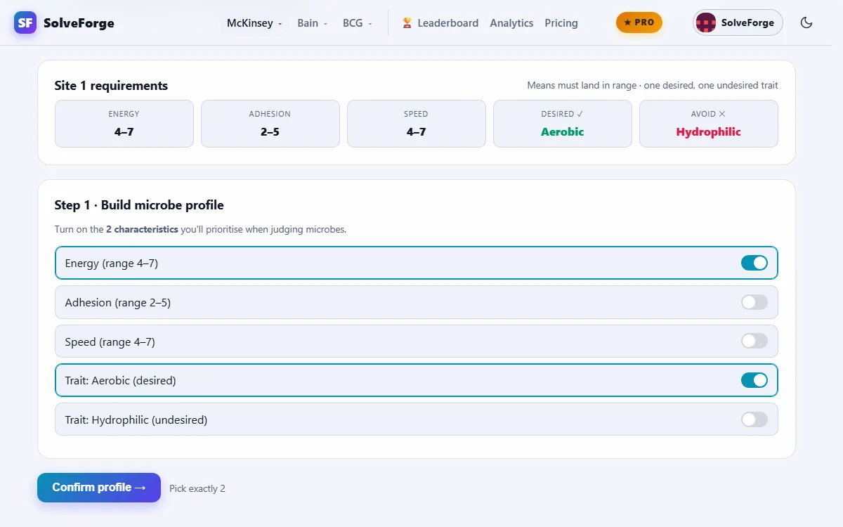 SolveForge Sea Wolf simulator, step 1: the site's three ranges and two traits at the top, and the profile toggles below with two switched on